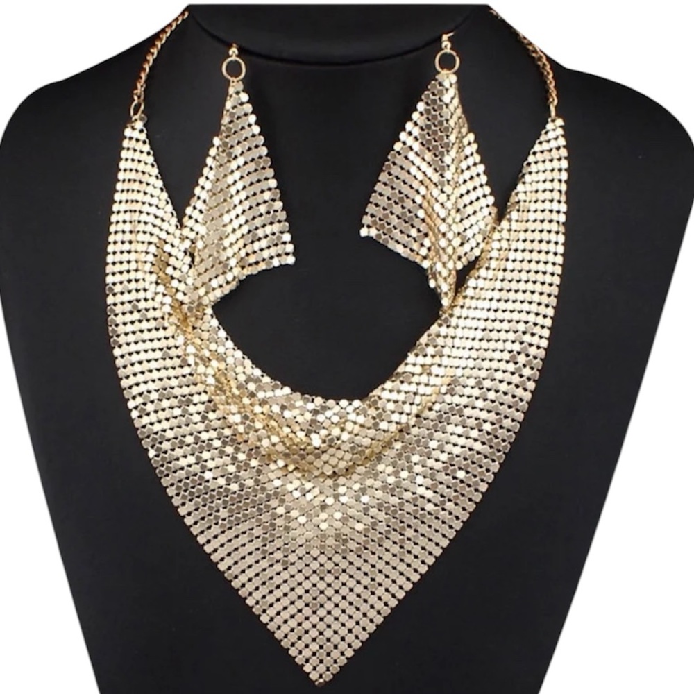 Elegant scarf Gold Statement Mesh Necklace & Earrings Set - Women Jewelry